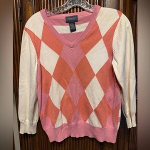 Van Heusen Women's V-Neck Argyle Sweater - Pink and Cream size medium